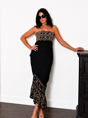 Poupette St. Barth Luxe Grecian Strapless Black/Earth/Gold Dress Cover-up S